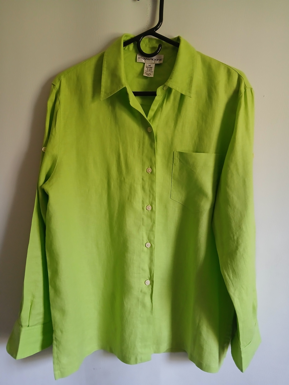 EVAN-PICONE Women's Lime Green Blousr 100% Linen SzM Roll Tab Sleeve